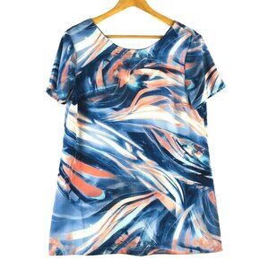 Rokoko by Dazz L Blue Coral Short Sleeve Blouse Round Neck Deep V Open Back